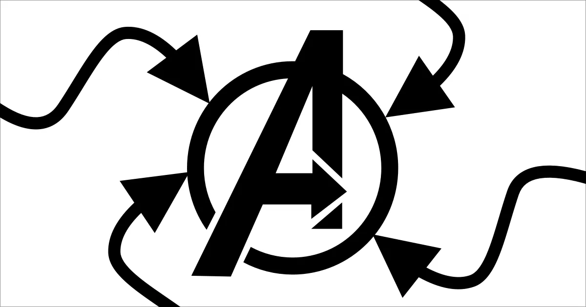 Avengers logo with arrows pointing to it.