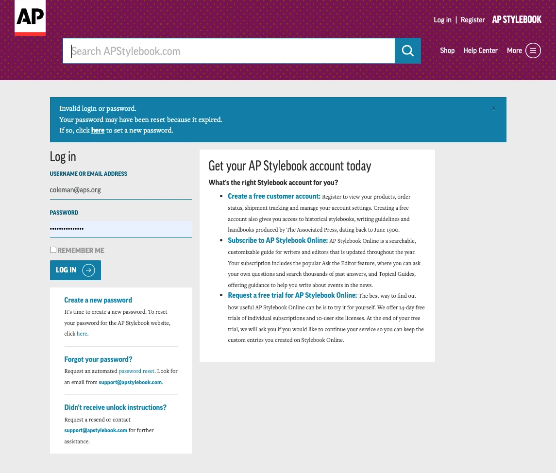 AP Stylebook login page