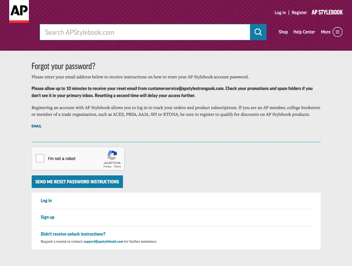 AP Stylebook forgot password page