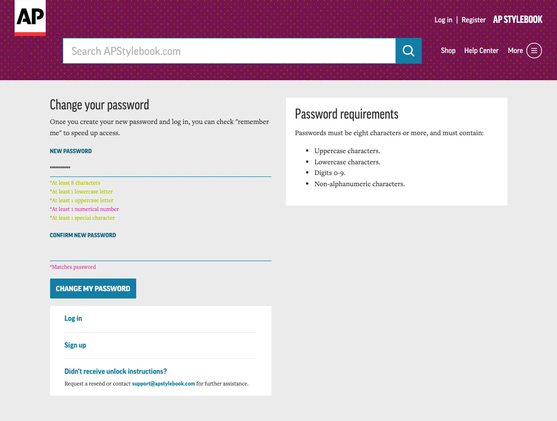 AP Stylebook reset password page