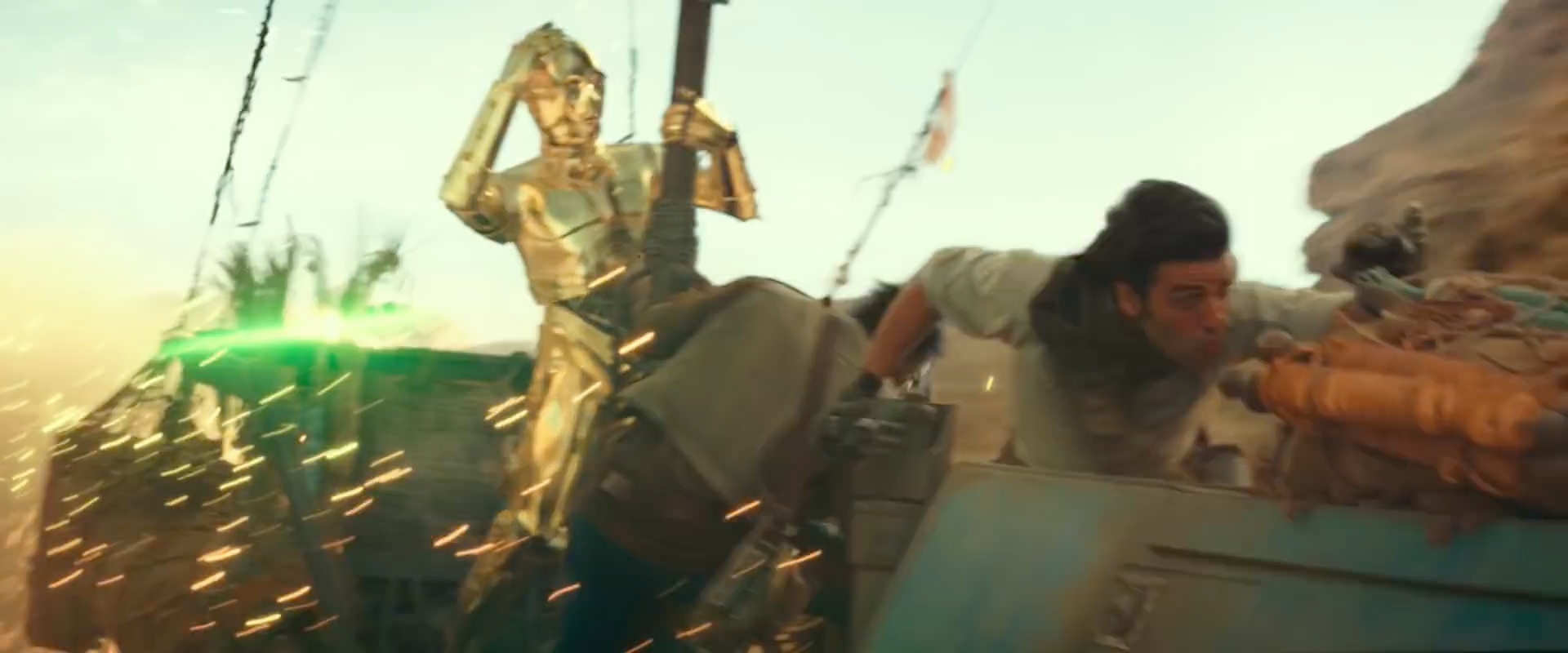 Speeder piloted by Poe and Finn, with C-3PO